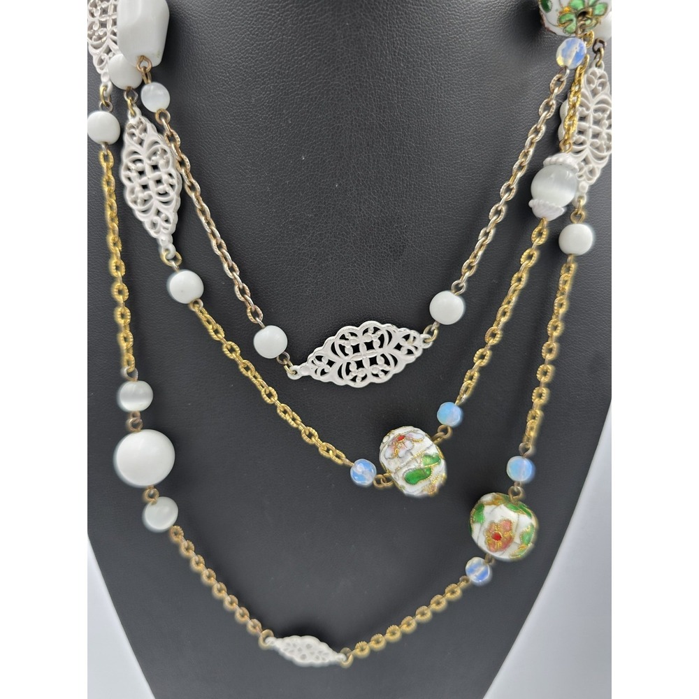 Vintage Cloisonne Enamel White Milk Glass Filigree opera‎ length Bead Necklace